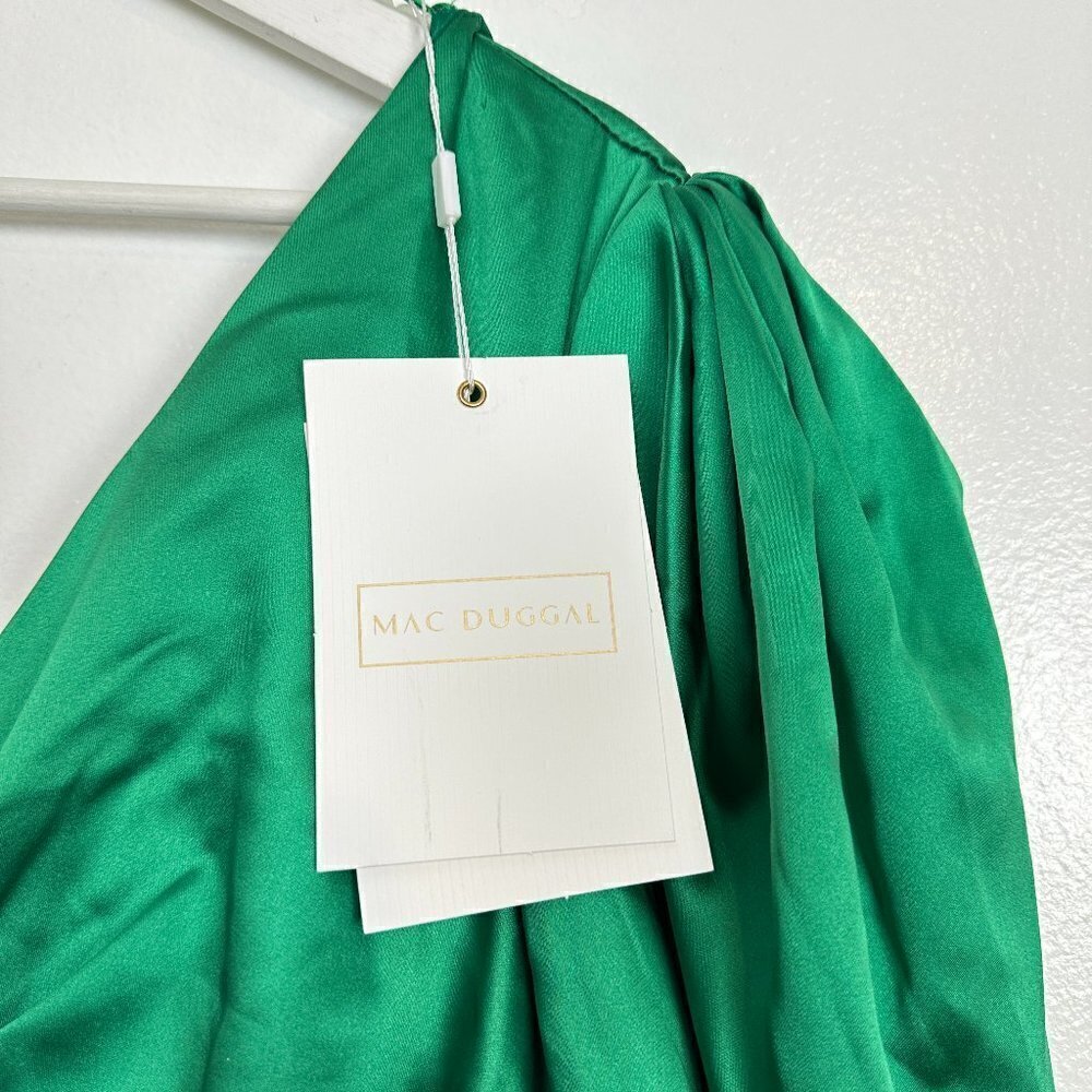 MAC DUGGAL Puff Sleeve Satin Faux Wrap Gown in Emerald Green Size US 14 NWT - Picture 5 of 12